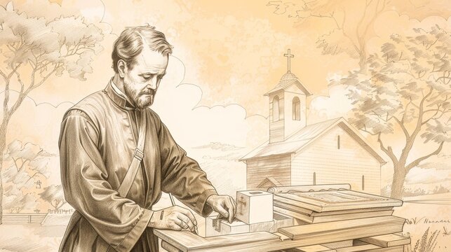 Saint John Neumann in simple attire building a church, missionary work, determined expression, beige background, Biblical Illustration, copyspace