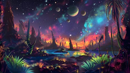 A mesmerizing alien landscape with vibrant, colorful skies, multiple planets, and exotic vegetation under a galactic night sky.