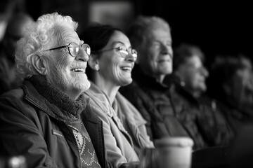 Joyful elderly man in the auditorium of the theater, watching a performance, show, stand up