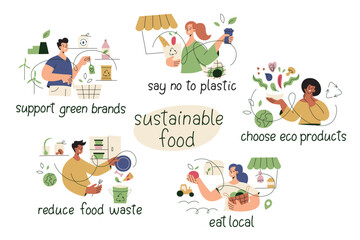 People practicing sustainable food habits, illustrations set. Buying eco-friendly products at the supermarket, local farmers market. Using reusable bags, living zero waste, eating green natural foods