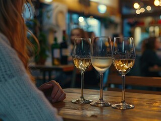 Obraz premium Three wine glasses placed on a wooden table, ready for a social gathering or dinner party