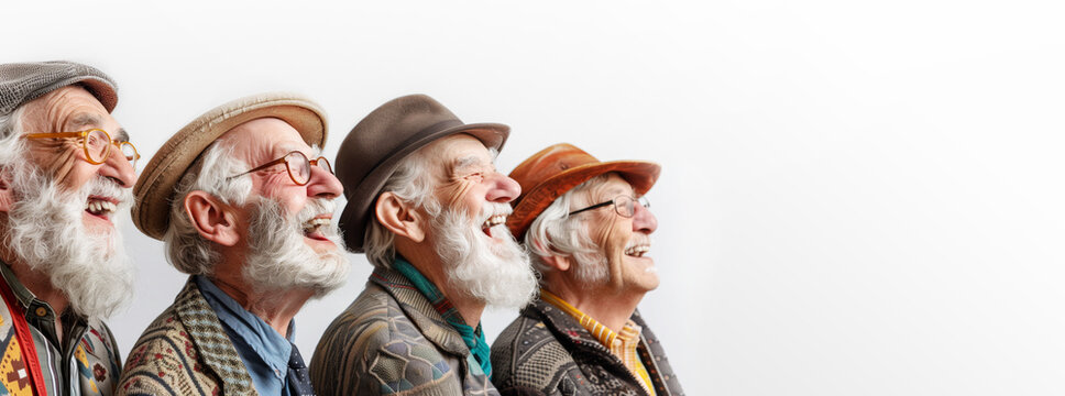 Four elderly laughing men in profile looking forward, banner