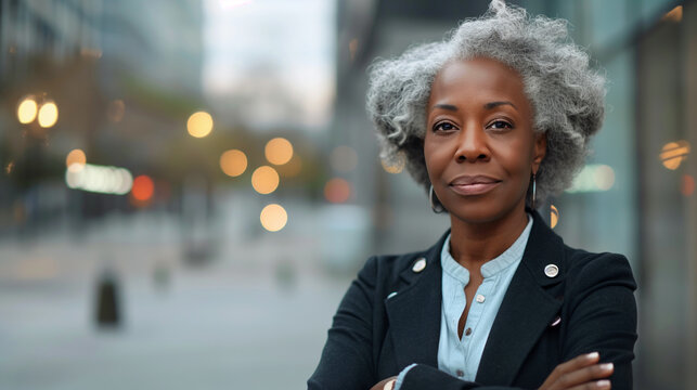 Senior African American beautiful woman standing on the street of a big city. Woman 65 or 70 years old.