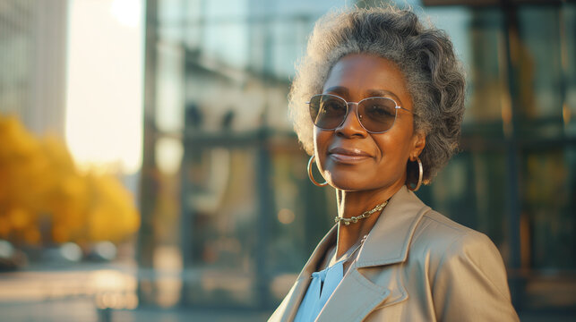 Senior African American beautiful woman standing on the street of a big city. Woman 65 or 70 years old.