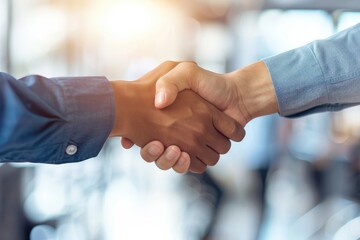 Successful business deal with businessmen shaking hands in a bright, modern office setting, signifying partnership and trust