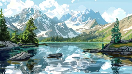 Exterior paintings, mountains, rivers, meadows, trees, nature vector elements.