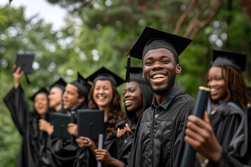 Multiethnic group of graduates in black caps and gowns, celebrating with diplomas in hand and big smiles on their faces