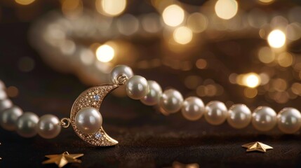 White pearl necklace with moon and star pendant.