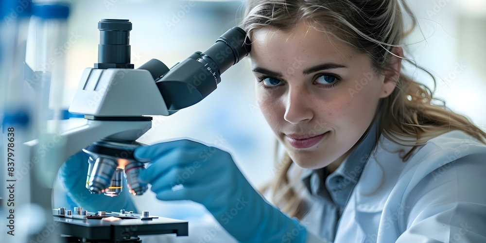 Poster examining samples under microscope technician in uniform in laboratory setting. concept microscopic 