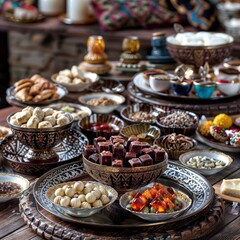 A table full of various Turkish sweets and dishes, including bowls of lokum, baklava, and different types of desserts.