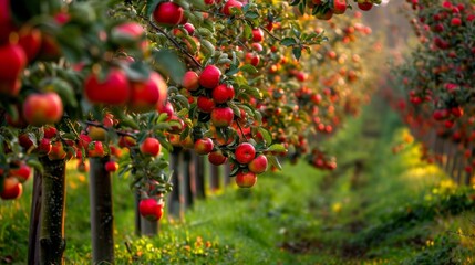 a row of apple trees full of ripe, red apples hanging from the branches