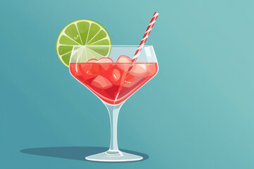 Refreshing watermelon cocktail with lime slice, ice cubes and straw. For party and event invitations, menu covers, beverage advertisements, summer promotions, bar menus and designs with summery vibe