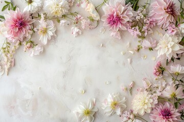 A delightful flat lay composition featuring a border of lush flowers arranged on a vibrant surface.