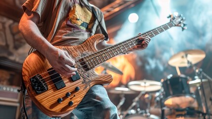 Obraz premium Musician playing an electric bass guitar on stage