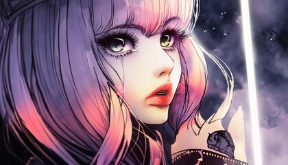 A captivating anime-style portrait of a warrior woman with flowing pink and purple hair, intense eyes, and a glowing sword. 