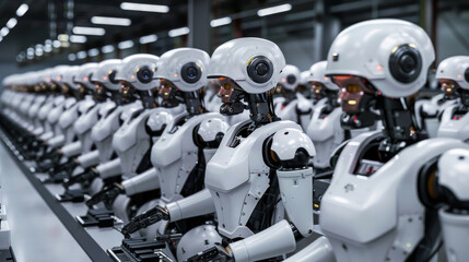 Fototapeta premium a row of industrial robots standing on a long conveyor belt moving through a factory.