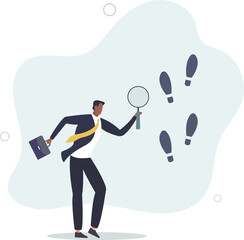 smart businessman using magnifying glass investigating bigger foot steps.flat vector illustration.