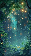 Magical forest scene with glowing fireflies and butterflies, surrounded by lush green foliage. Perfect for fantasy and nature-themed designs.