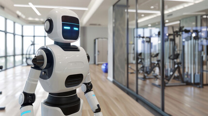 AI chatbot avatar a white robot standing in a gym  blurred exercise machines.