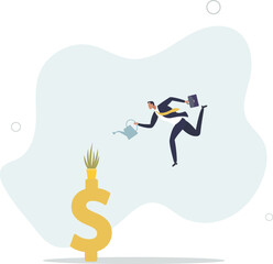 businessman investor watering sprout or seedling plant growing from golden dollar sign.flat vector illustration.