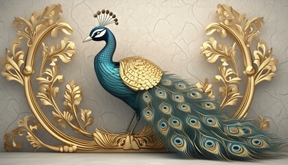 Regal Visions: A Volumetric Peacock in Gold and Plaster"
"Gilded Plumage: Sculpted Peacock with Golden Accents on Plaster"
