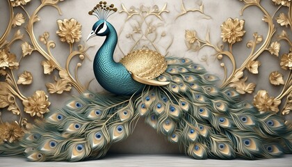 Regal Visions: A Volumetric Peacock in Gold and Plaster"
"Gilded Plumage: Sculpted Peacock with Golden Accents on Plaster"
