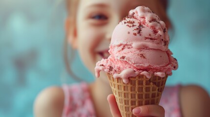 girl holding delicious ice cream cone , summer concept, advertising with copy space