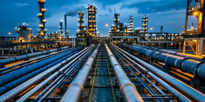 Steel pipes in a petrochemical oil refinery industrial zone. Concept Industrial Zone, Petrochemical Plant, Oil Refinery, Steel Pipes, Manufacturing Sector