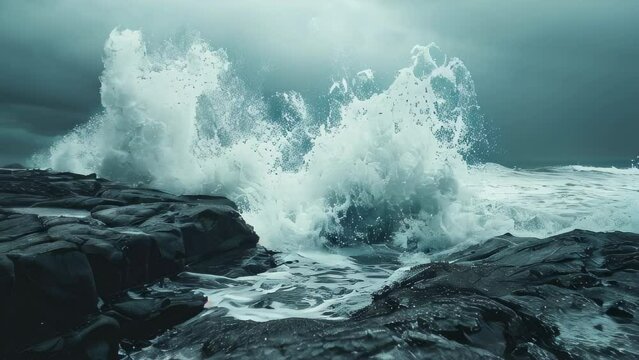 Powerful waves crashing on rocky shore during stormy weather