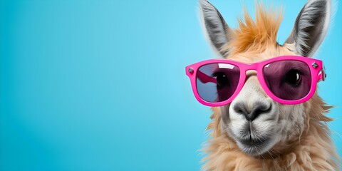Naklejka premium Llama wearing sunglasses on a pastel background for commercial or editorial purposes. Concept Fashion Photoshoot, Animal Modeling, Vibrant Backdrops, Trendy Editorial, Quirky Props