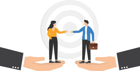 Giant hands hold businesspeople making deal. Online platform or service for b2b communication. Helping businesses find partners and close profitable deals. Partners shake hands, agreement. flat vector