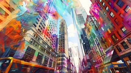 Vibrant urban cityscape filled with colorful abstract designs blending with modern skyscrapers under a bright sky. Dynamic and artistic view.