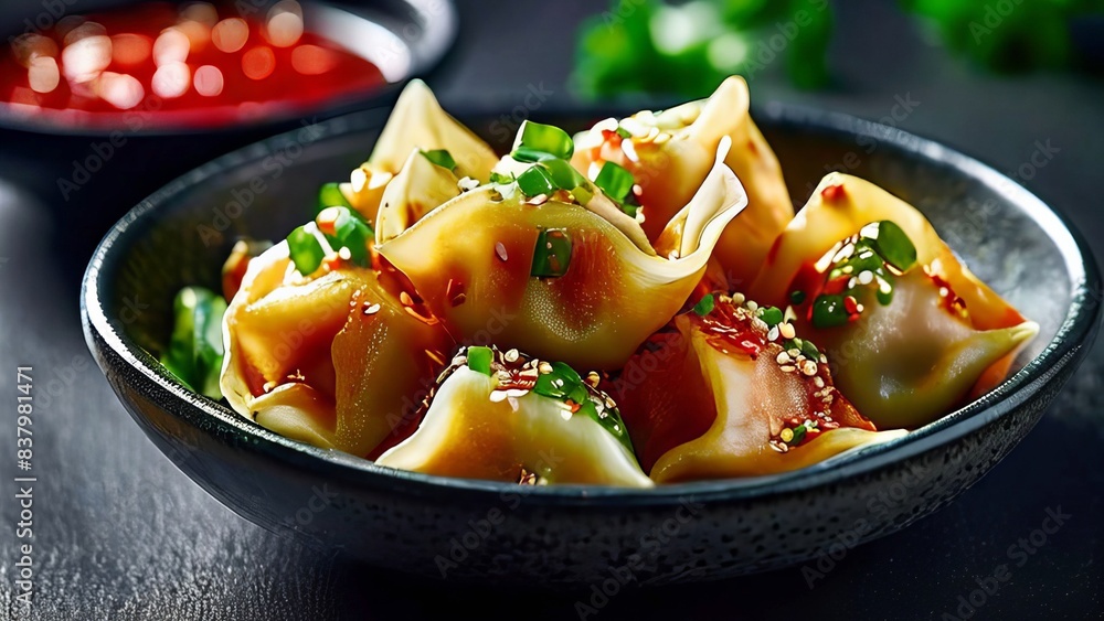 Wall mural A bowl of dumplings with sauce and green herbs