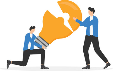 Business team completing an idea light bulb puzzle, teamwork and brainstorming vector concept
