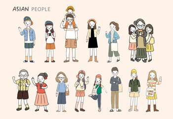 Group of asian different age, hand drawn style vector illustration