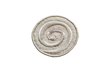 Close-up of a white embroidered spiral design on a textured fabric circle, isolated on a transparent background.