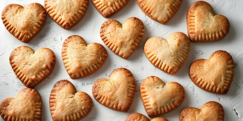 Heart-Shaped Cookies Displayed on a White Background. Concept Food Styling, Cookie Photography, Food Presentation, Baking Creativity, Dessert Art