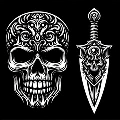 Naklejka premium Danger warrior skull vector illustration graphic with decorative colourful pattern with sword and crossbones t-shirt