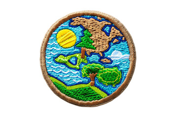 Colorful embroidered badge featuring a scenic landscape with trees, water, and sun, representing nature and outdoor exploration.