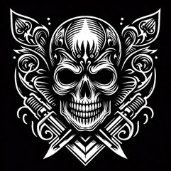 Danger warrior skull vector illustration graphic with decorative colourful pattern with sword and crossbones t-shirt
