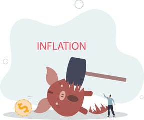 big hammer with the word inflation hit broken piggy bank.flat vector illustration.