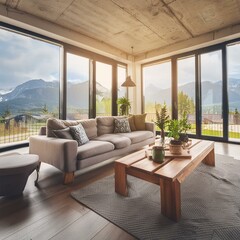 Fototapeta premium modern of the living room with a view through window and light coming from outside,