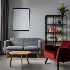 modern living room modern interior background with gray sofa and bookshelf, white wall, red vel