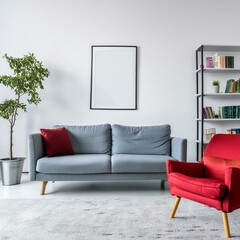 modern living room with  poster frame in modern interior background with red sofa and bookshelf, white wall