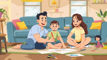 Brotherly warmth Family free time in the living room. Cartoon image