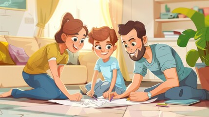 Brotherly warmth Family free time in the living room. Cartoon image