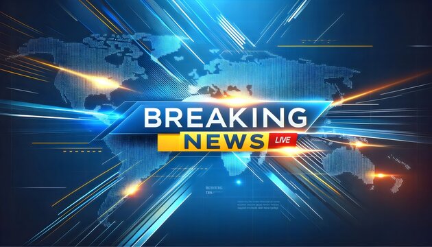 a "BREAKING NEWS LIVE" broadcast with a vibrant world map background illuminated by light beams