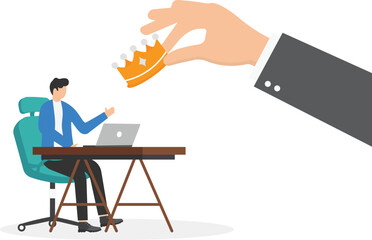 Fototapeta premium Big hand giving golden crown to businessman, illustration of business career and success concept