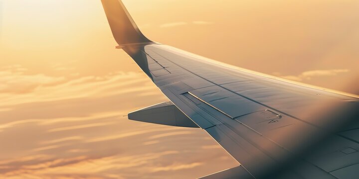 Close-up of airplane wingtip at sunrise, focused, deserted, muted dawn tones