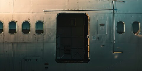Airplane's cargo hold door, close-up, focused, no humans, ambient afternoon light -